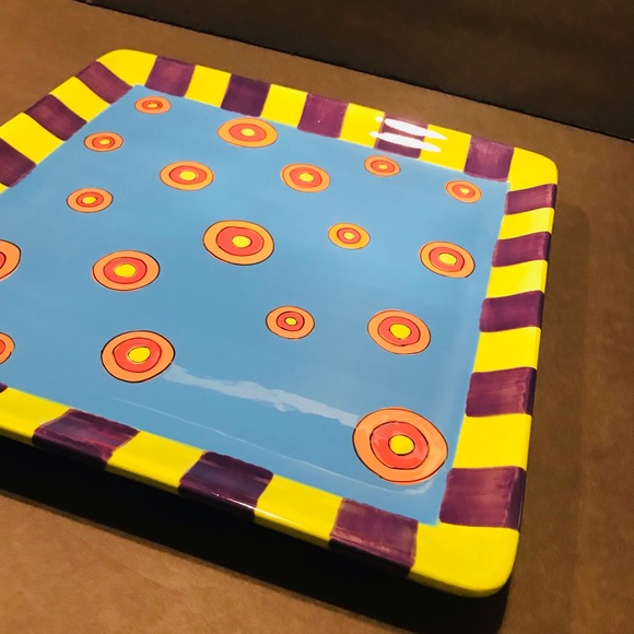 All U Can Handle Hand Painted Ceramic Tray “ Dancing Dots Turquoise 11”-11” - Picture 2 of 11